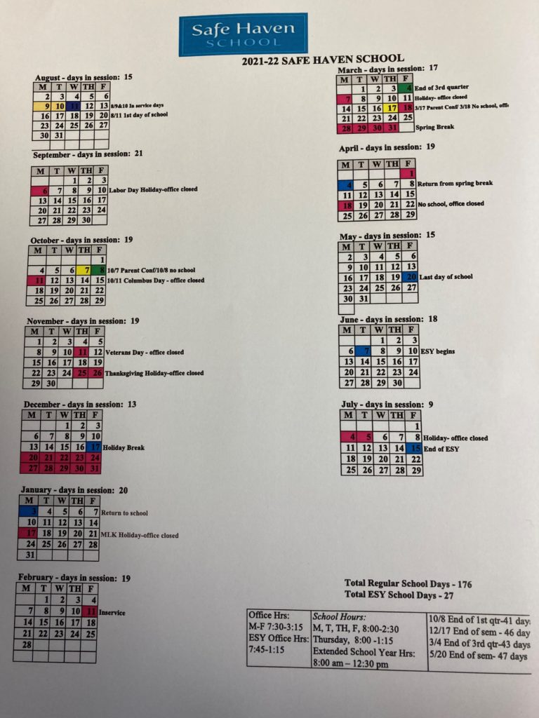 Calendar Safe Haven School